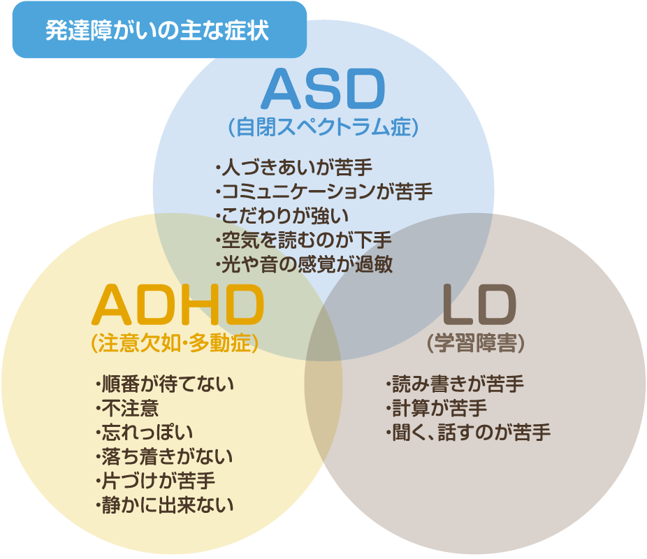 発達障がいを持っていると、生まれつきの脳機能の発達のアンバランスさ・凸凹(でこぼこ)と、その人が過ごす環境や周囲の人とのかかわりのミスマッチから、社会生活に困難になることになります。